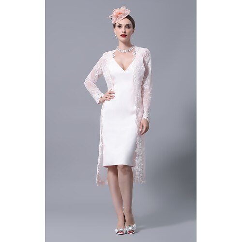 Sheath / Column Mother of the Bride Dress Wrap Included Plunging Neck Knee Length Satin Long Sleeve with Lace 2022
Sheath / Column Mother of the Bride Dress Wrap Included Plunging Neck Knee Length Satin Long Sleeve with Lace 2022