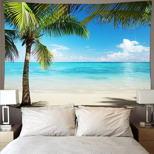 

Large Wall Tapestry Art Deco Blanket Curtain Picnic Table Cloth Hanging Home Bedroom Living Room Dormitory Decoration Polyester Fiber Beach Series Coconut Tree Blue Sea White Cloud Blue Sky