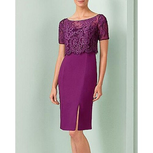 Two Piece Sheath / Column Mother of the Bride Dress Elegant Jewel Neck Knee Length Satin Lace Short Sleeve with Split Front 2022
Two Piece Sheath / Column Mother of the Bride Dress Elegant Jewel Neck Knee Length Satin Lace Short Sleeve with Split Front 2022