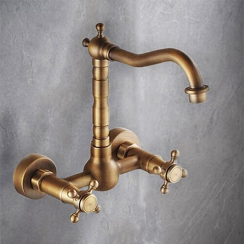 

Kitchen Faucet,Retro Style Brass Wall Mounted Two Handles Two Holes Brass Standard Spout Traditional Kitchen Taps with Hot and Cold Water