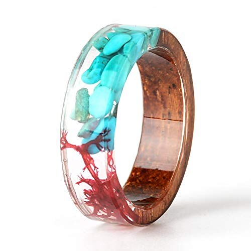 unique handmade wood ring with turquoise and red seaweed insided transparent resin band ring best gift for her
unique handmade wood ring with turquoise and red seaweed insided transparent resin band ring best gift for her