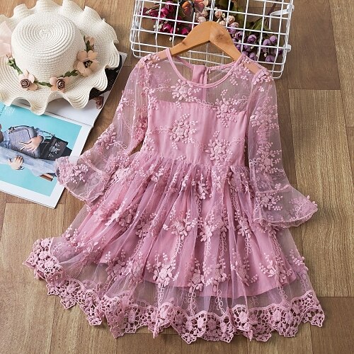 

Kids Little Girls' Dress Solid Colored Lace White Blushing Pink Knee-length Long Sleeve Active Sweet Dresses