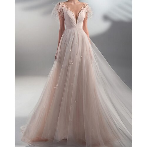 A-Line Wedding Dresses V Neck Sweep / Brush Train Lace Tulle Sleeveless Romantic with 2022
A-Line Wedding Dresses V Neck Sweep / Brush Train Lace Tulle Sleeveless Romantic with 2022