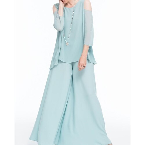 Pantsuit Mother of the Bride Dress Elegant Jewel Neck Floor Length Chiffon 3/4 Length Sleeve with Ruffles 2022 
Pantsuit Mother of the Bride Dress Elegant Jewel Neck Floor Length Chiffon 3/4 Length Sleeve with Ruffles 2022