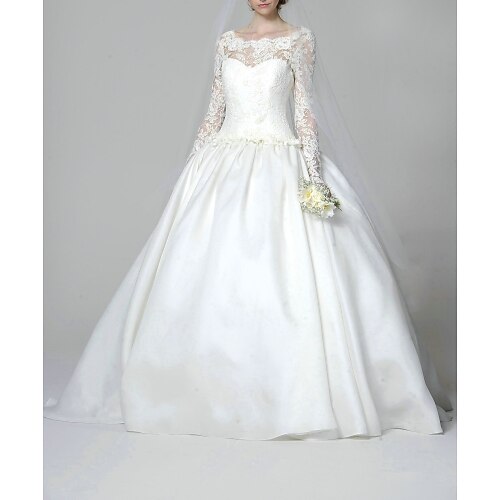Ball Gown Wedding Dresses Jewel Neck Sweep / Brush Train Lace Satin Long Sleeve Formal with Appliques 2022
Ball Gown Wedding Dresses Jewel Neck Sweep / Brush Train Lace Satin Long Sleeve Formal with Appliques 2022
