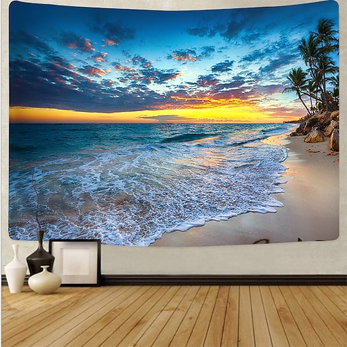 

Wall Tapestry Art Deco Blanket Curtain Picnic Table Cloth Hanging Home Bedroom Living Room Dormitory Decoration Polyester Fiber Beach Series Coconut Tree Blue Sea White Cloud Blue Sky Waves