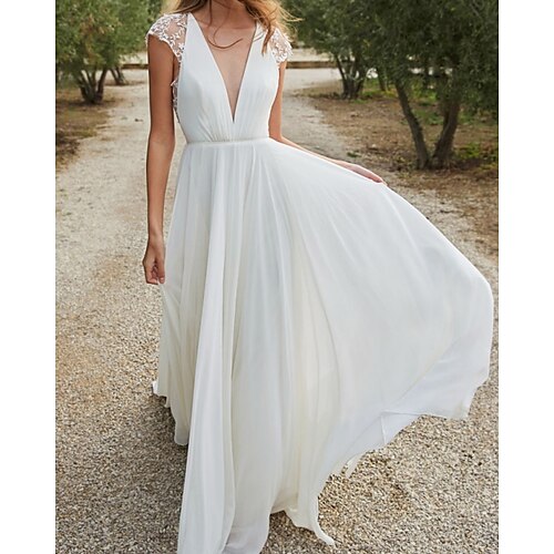 A-Line Wedding Dresses V Neck Sweep / Brush Train Chiffon Lace Sleeveless Simple Beach with Pleats 2022
A-Line Wedding Dresses V Neck Sweep / Brush Train Chiffon Lace Sleeveless Simple Beach with Pleats 2022
