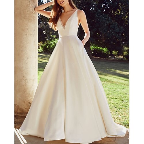 A-Line Wedding Dresses V Neck Court Train Satin Sleeveless Country Simple with 2022
A-Line Wedding Dresses V Neck Court Train Satin Sleeveless Country Simple with 2022