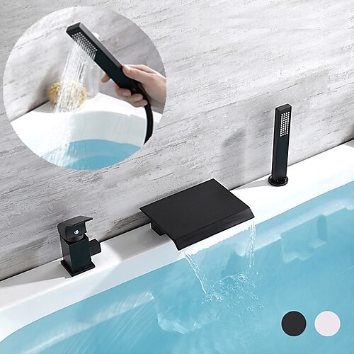

Bathtub Faucet,Black Waterfall Contemporary Electroplated Roman Tub Single Handle Three Holes Bath Shower Mixer Taps with Hot and Cold Water