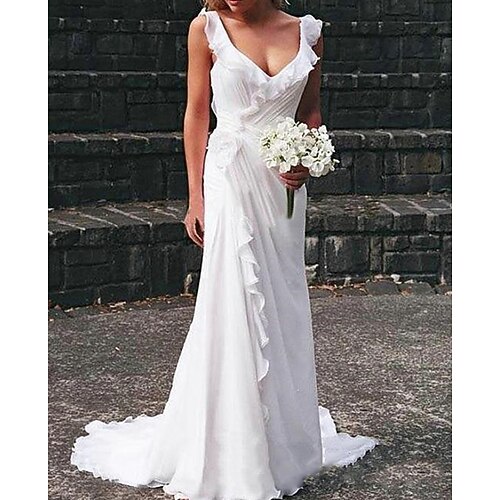 Sheath / Column Wedding Dresses V Neck Court Train Chiffon Sleeveless Simple Beach with Ruffles 2022
Sheath / Column Wedding Dresses V Neck Court Train Chiffon Sleeveless Simple Beach with Ruffles 2022