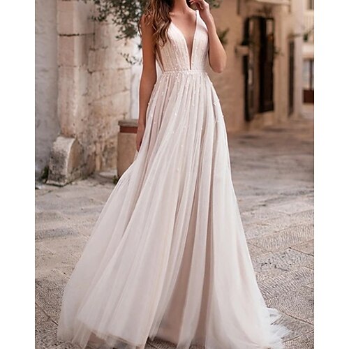 A-Line Wedding Dresses V Neck Floor Length Tulle Sleeveless Country with Pleats Lace Insert 2022
A-Line Wedding Dresses V Neck Floor Length Tulle Sleeveless Country with Pleats Lace Insert 2022