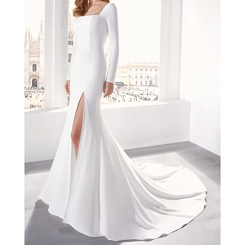 Mermaid / Trumpet Wedding Dresses Off Shoulder Court Train Stretch Satin Long Sleeve Simple Luxurious with Split Front 2022
Mermaid / Trumpet Wedding Dresses Off Shoulder Court Train Stretch Satin Long Sleeve Simple Luxurious with Split Front 2022