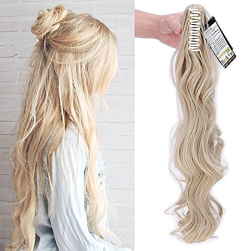 

claw on ponytail extensions 24""/60cm curly wavy hair extension natural effect synthetic hairpiece - ash blonde mix bleach blonde