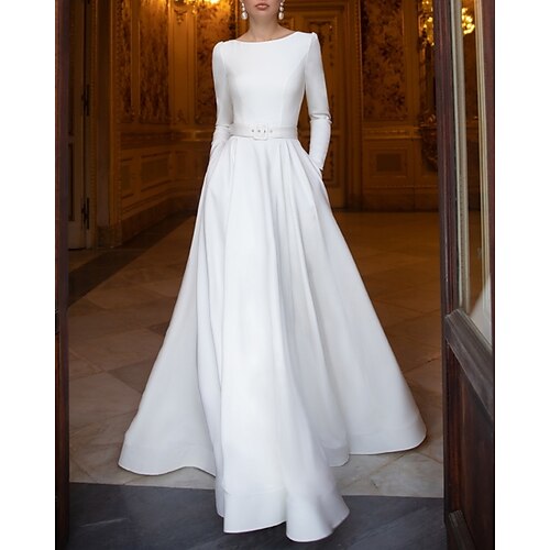 A-Line Wedding Dresses Jewel Neck Floor Length Stretch Satin Long Sleeve Romantic with 2022
A-Line Wedding Dresses Jewel Neck Floor Length Stretch Satin Long Sleeve Romantic with 2022