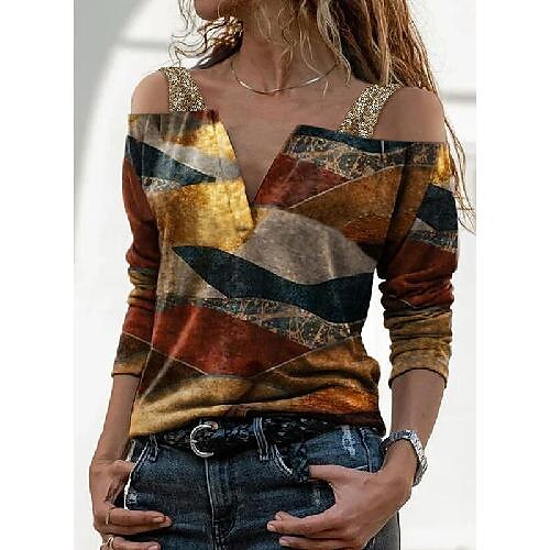 Women's T shirt Tee Graphic Casual Weekend T shirt Tee Long Sleeve Sequins Cold Shoulder Print V Neck Basic Brown S
Women's T shirt Tee Graphic Casual Weekend T shirt Tee Long Sleeve Sequins Cold Shoulder Print V Neck Basic Brown S