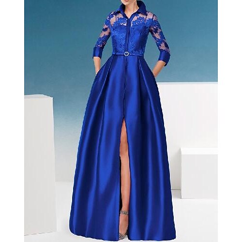 A-Line Mother of the Bride Dress Elegant Shirt Collar Floor Length Satin Lace 3/4 Length Sleeve with Appliques Split Front 2022
A-Line Mother of the Bride Dress Elegant Shirt Collar Floor Length Satin Lace 3/4 Length Sleeve with Appliques Split Front 2022