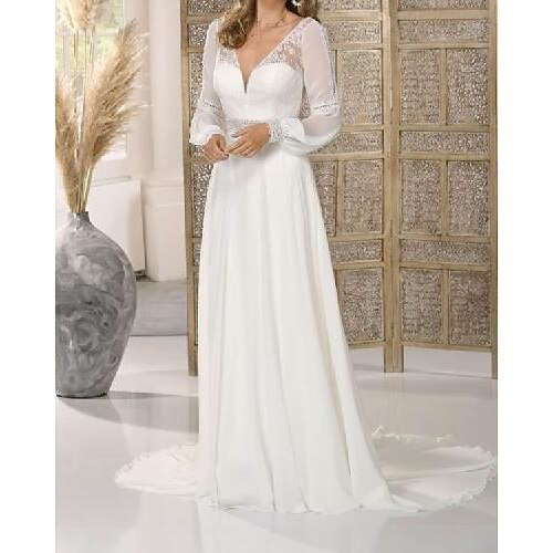 A-Line Wedding Dresses V Neck Floor Length Chiffon Long Sleeve Country Simple with Lace 2022
A-Line Wedding Dresses V Neck Floor Length Chiffon Long Sleeve Country Simple with Lace 2022