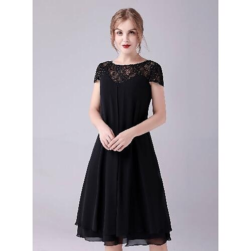 

A-Line Mother of the Bride Dress Plus Size Elegant Jewel Neck Knee Length Chiffon Short Sleeve with Lace Beading Tier 2022