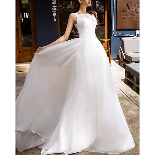 A-Line Wedding Dresses Jewel Neck Sweep / Brush Train Chiffon Satin Sleeveless Simple with 2022
A-Line Wedding Dresses Jewel Neck Sweep / Brush Train Chiffon Satin Sleeveless Simple with 2022
