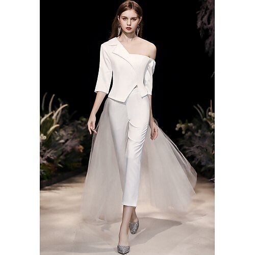 Two Piece Jumpsuits Wedding Dresses One Shoulder Floor Length Stretch Satin Half Sleeve Simple with Split Front 2022
Two Piece Jumpsuits Wedding Dresses One Shoulder Floor Length Stretch Satin Half Sleeve Simple with Split Front 2022