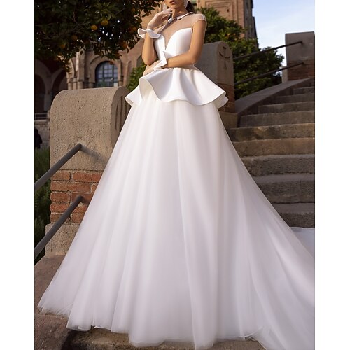 A-Line Wedding Dresses Jewel Neck Chapel Train Satin Tulle Sleeveless Country Simple with Ruffles 2022
A-Line Wedding Dresses Jewel Neck Chapel Train Satin Tulle Sleeveless Country Simple with Ruffles 2022
