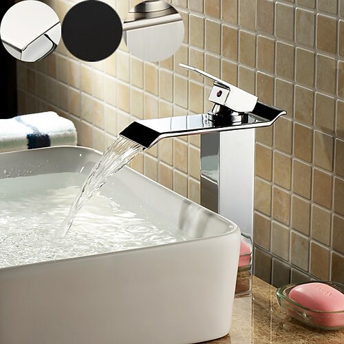 

Copper Bathroom Sink Faucet,Waterfall Chrome Finish/Oil Rubbed Bronze Vessel Single Handle One Hole Bath Taps with Hot and Cold Switch