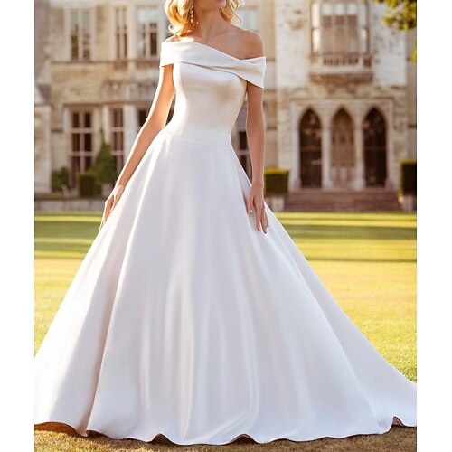 A-Line Wedding Dresses Off Shoulder Floor Length Satin Sleeveless Simple with Bow(s) 2022
A-Line Wedding Dresses Off Shoulder Floor Length Satin Sleeveless Simple with Bow(s) 2022