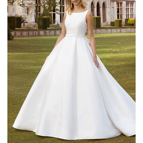A-Line Wedding Dresses Jewel Neck Sweep / Brush Train Satin Sleeveless Simple with Bow(s) 2022
A-Line Wedding Dresses Jewel Neck Sweep / Brush Train Satin Sleeveless Simple with Bow(s) 2022