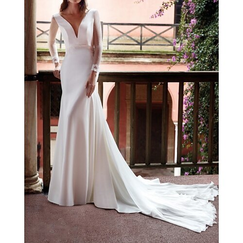 Sheath / Column Wedding Dresses V Neck Court Train Chiffon Satin Tulle Long Sleeve Country Simple with 2022
Sheath / Column Wedding Dresses V Neck Court Train Chiffon Satin Tulle Long Sleeve Country Simple with 2022