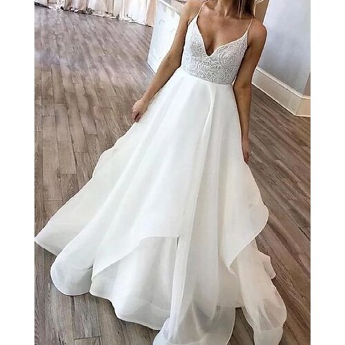 A-Line Wedding Dresses V Neck Floor Length Lace Organza Sleeveless Romantic Beach with 2022
A-Line Wedding Dresses V Neck Floor Length Lace Organza Sleeveless Romantic Beach with 2022