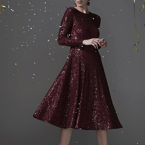 

A-Line Mother of the Bride Dress Elegant Sparkle & Shine Jewel Neck Knee Length Sequined Long Sleeve with Pleats Sequin 2022