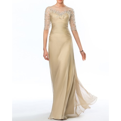 

Sheath / Column Empire Elegant Wedding Guest Formal Evening Dress Illusion Neck Half Sleeve Floor Length Taffeta with Crystals 2022