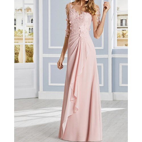 

Sheath / Column Luxurious Floral Engagement Formal Evening Dress Illusion Neck Half Sleeve Floor Length Chiffon with Ruffles Draping Appliques 2022