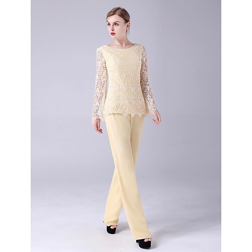 Two Piece Jumpsuits Mother of the Bride Dress Elegant Sweet Jewel Neck Floor Length Chiffon Long Sleeve with Lace 2022
Two Piece Jumpsuits Mother of the Bride Dress Elegant Sweet Jewel Neck Floor Length Chiffon Long Sleeve with Lace 2022