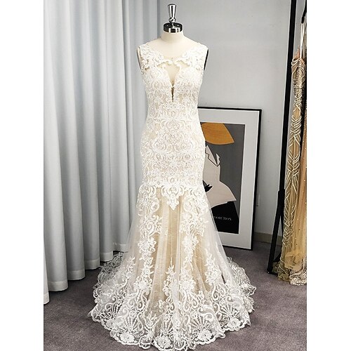 Mermaid / Trumpet Wedding Dresses Jewel Neck Sweep / Brush Train Lace Tulle Sleeveless Romantic Vintage with Appliques 2022
Mermaid / Trumpet Wedding Dresses Jewel Neck Sweep / Brush Train Lace Tulle Sleeveless Romantic Vintage with Appliques 2022