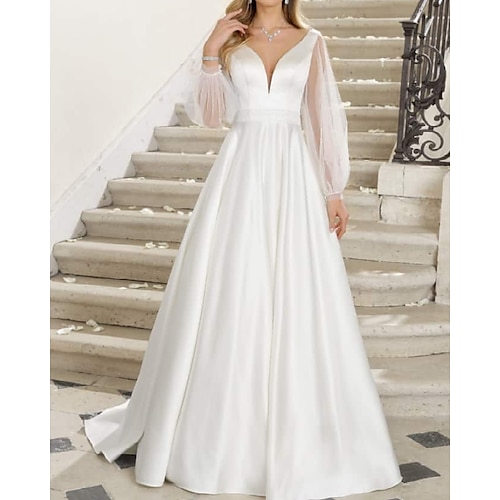 A-Line Wedding Dresses V Neck Floor Length Satin Tulle Long Sleeve Simple with 2022
A-Line Wedding Dresses V Neck Floor Length Satin Tulle Long Sleeve Simple with 2022