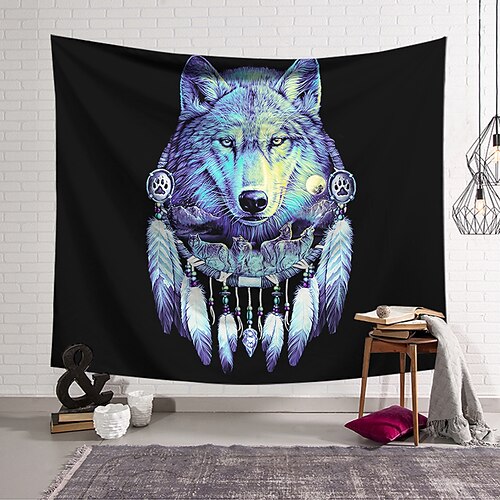 

Wall Tapestry Art Decor Blanket Curtain Hanging Home Bedroom Living Room Decoration Polyester Blue Wolf Head