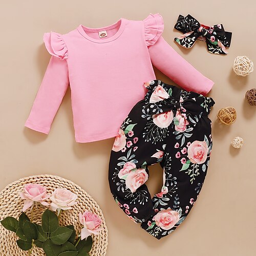 

Toddler Girls' Clothing Set Long Sleeve Blushing Pink Red Pink Floral Solid Colored Ruffle Bow Print Cotton School Daily Wear Basic Regular 1-4 Years