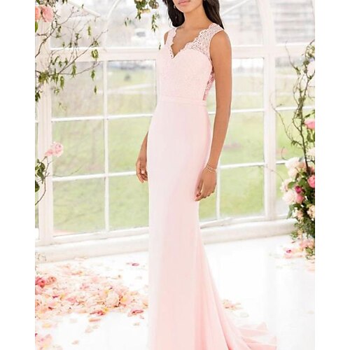 A sirena Vestito da damigella A V Senza maniche Elegante Lungo Chiffon / Di pizzo con 2022
A sirena Vestito da damigella A V Senza maniche Elegante Lungo Chiffon / Di pizzo con 2022