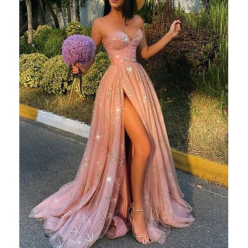 

A-Line Evening Dresses Glittering Dress Engagement Sweep / Brush Train Sleeveless Sweetheart Neckline Tulle with Pleats Sequin Slit 2022 / Prom / Sparkle & Shine
