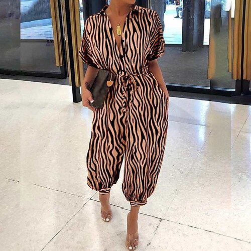 Women's Jumpsuit Pocket Print Striped Stand Collar Streetwear Street Going out Regular Fit Short Sleeve Brown White S M L Spring
Women's Jumpsuit Pocket Print Striped Stand Collar Streetwear Street Going out Regular Fit Short Sleeve Brown White S M L Spring