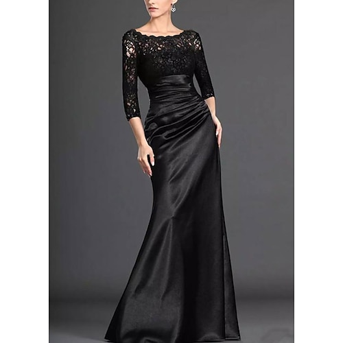 

Mermaid / Trumpet Mother of the Bride Dress Elegant Off Shoulder Floor Length Lace Stretch Satin 3/4 Length Sleeve with Pleats Draping 2022