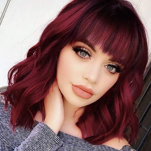 

Wine Wigs for Women Synthetic Curly Bob Wig with Bangs Short Bob Wavy Hair Wig Wine Red Color Shoulder Length Wigs for Women Bob Style Heat Synthetic Resistant Bob Wigs (14Inch) ChristmasPartyWigs
