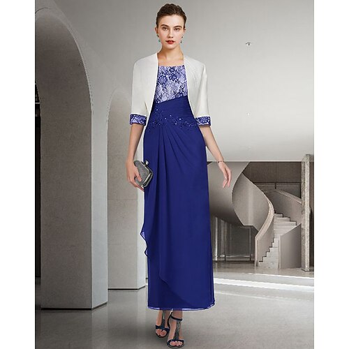 

Two Piece Sheath / Column Mother of the Bride Dress Elegant Jewel Neck Ankle Length Chiffon Lace Half Sleeve with Appliques Ruching 2022