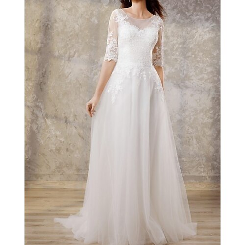 A-Line Wedding Dresses Jewel Neck Floor Length Lace Tulle Long Sleeve Country Romantic with Appliques 2022
A-Line Wedding Dresses Jewel Neck Floor Length Lace Tulle Long Sleeve Country Romantic with Appliques 2022