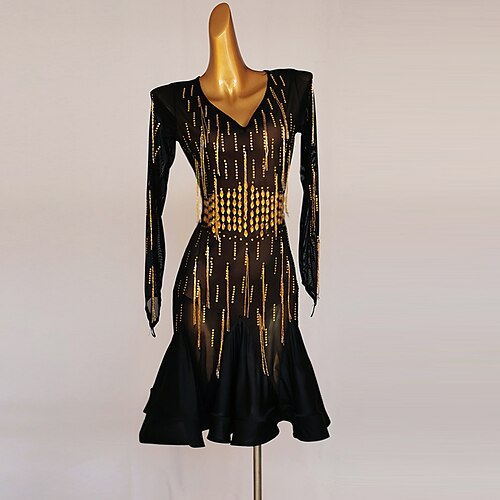 

Latin Dance Dress Beading Crystals / Rhinestones Sequins Women's Performance Long Sleeve Chinlon Mesh