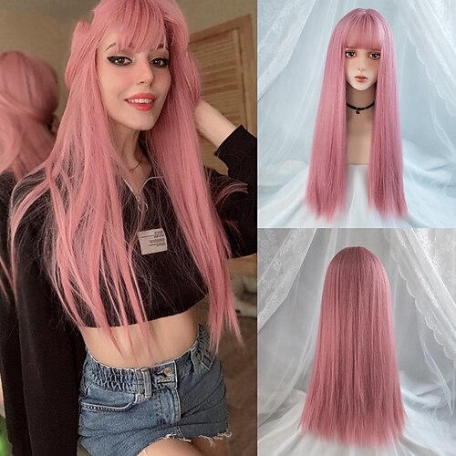 

Synthetic Wig Natural Straight Neat Bang Wig 24 inch Light Blonde Light Brown PinkRed Bright Purple Black Synthetic Hair Women's Cosplay Party Fashion Pink Purple