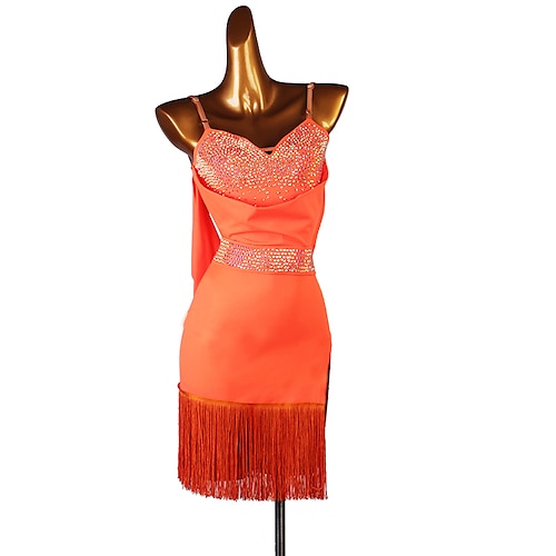 

Latin Dance Dress Tassel Split Joint Crystals / Rhinestones Women's Performance Sleeveless Spandex
