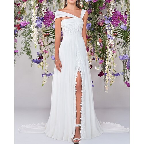 A-Line Wedding Dresses V Neck Floor Length Chiffon Lace Sleeveless Simple Beach with Ruched Split Front 2022
A-Line Wedding Dresses V Neck Floor Length Chiffon Lace Sleeveless Simple Beach with Ruched Split Front 2022