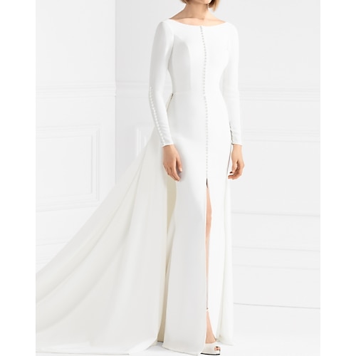 

Sheath / Column Wedding Dresses Jewel Neck Sweep / Brush Train Italy Satin Long Sleeve Country Simple with Split Front 2022